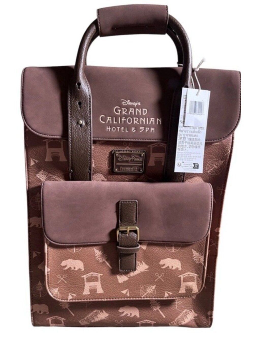 Disneyland Grand Californian Hotel & Spa Loungefly Brown Backpack Icons AOP NWT